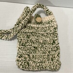 Green and Beige Crossbody Bag with Strap Handmade Crocheted Phone Bag